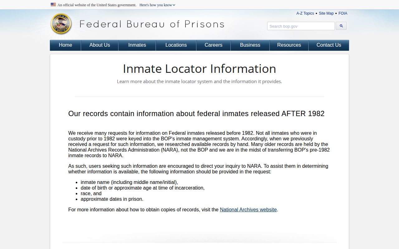 Federal Bureau of Prisons release record fields for Stone County searches
